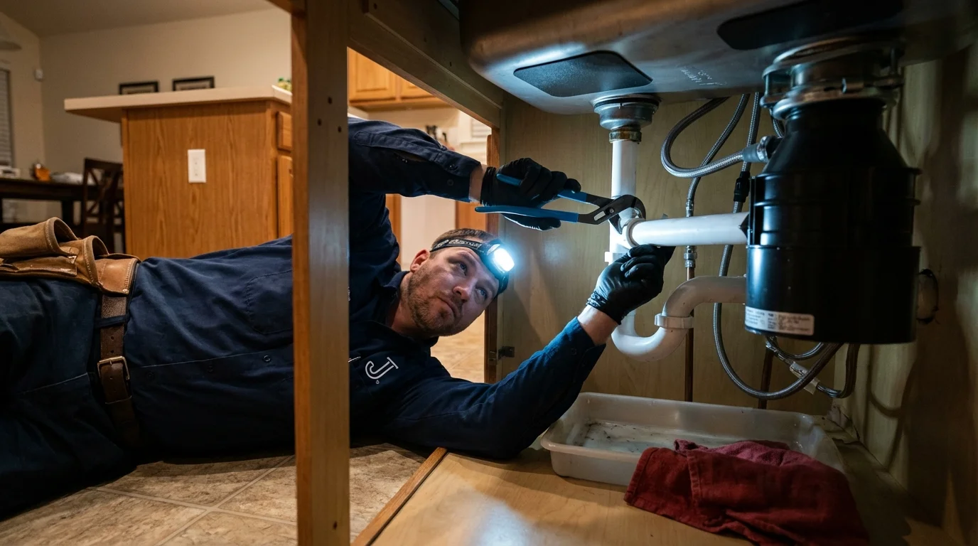 P-trap and supply line connections under a kitchen sink showing a common leak point in South Charleston, WV